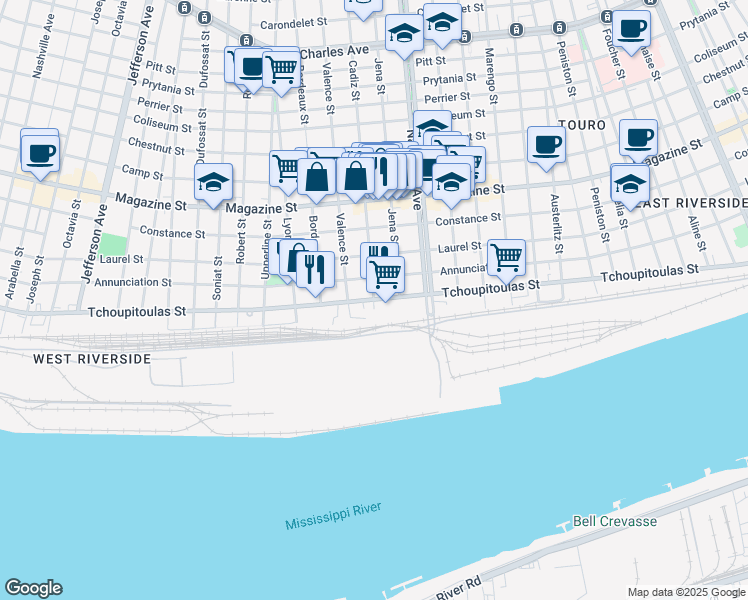 map of restaurants, bars, coffee shops, grocery stores, and more near Tchoupitoulas Street in New Orleans