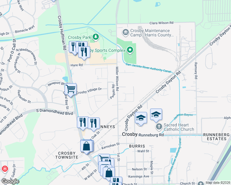 map of restaurants, bars, coffee shops, grocery stores, and more near 706 Pequin Road in Crosby