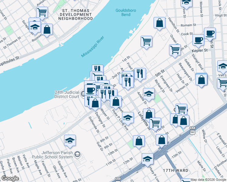 map of restaurants, bars, coffee shops, grocery stores, and more near 522 3rd Street in Gretna