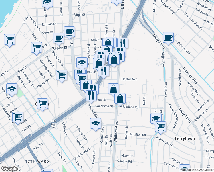 map of restaurants, bars, coffee shops, grocery stores, and more near 1224 Chilo Street in Gretna
