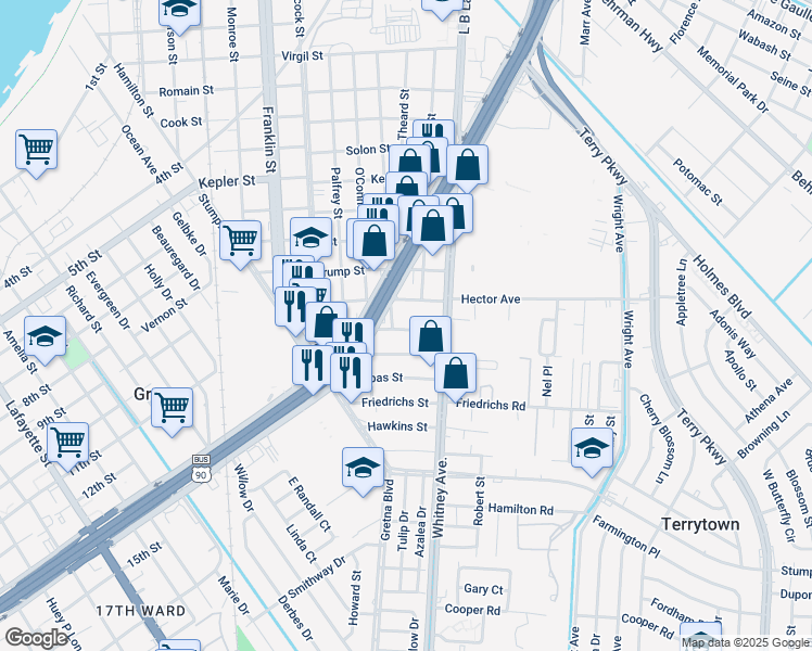 map of restaurants, bars, coffee shops, grocery stores, and more near 1224 Chilo Street in Gretna