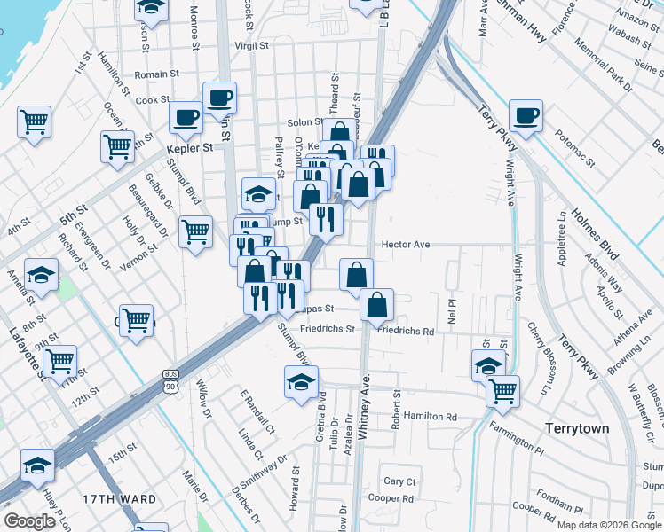 map of restaurants, bars, coffee shops, grocery stores, and more near 32 Westbank Expressway in Gretna