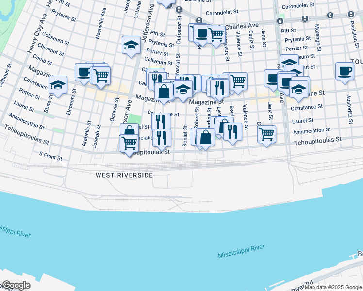 map of restaurants, bars, coffee shops, grocery stores, and more near 5128 Annunciation Street in New Orleans