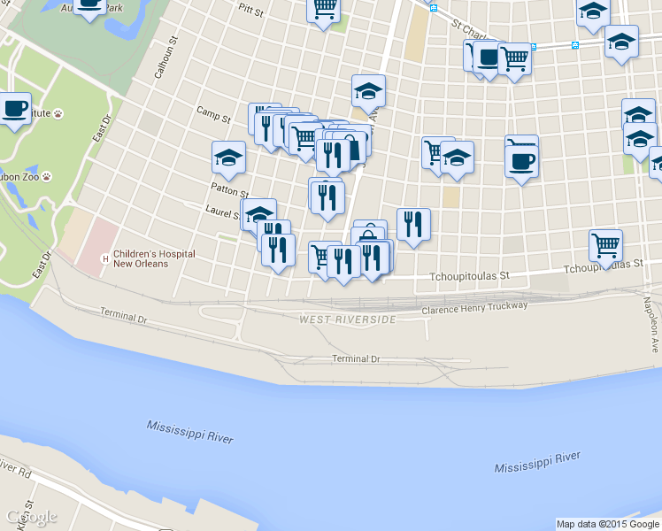 map of restaurants, bars, coffee shops, grocery stores, and more near 341 Octavia Street in New Orleans