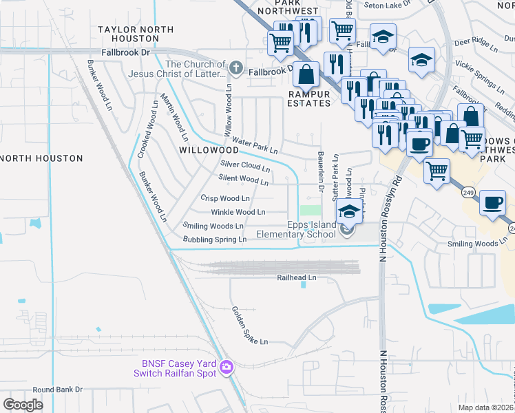 map of restaurants, bars, coffee shops, grocery stores, and more near 7522 Crisp Wood Lane in Houston