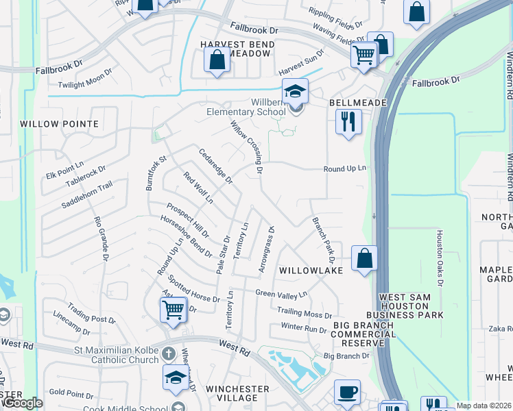 map of restaurants, bars, coffee shops, grocery stores, and more near 9223 Willow Crossing Drive in Houston