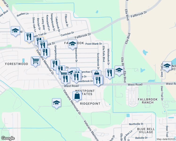 map of restaurants, bars, coffee shops, grocery stores, and more near 946 Francitas Drive in Houston