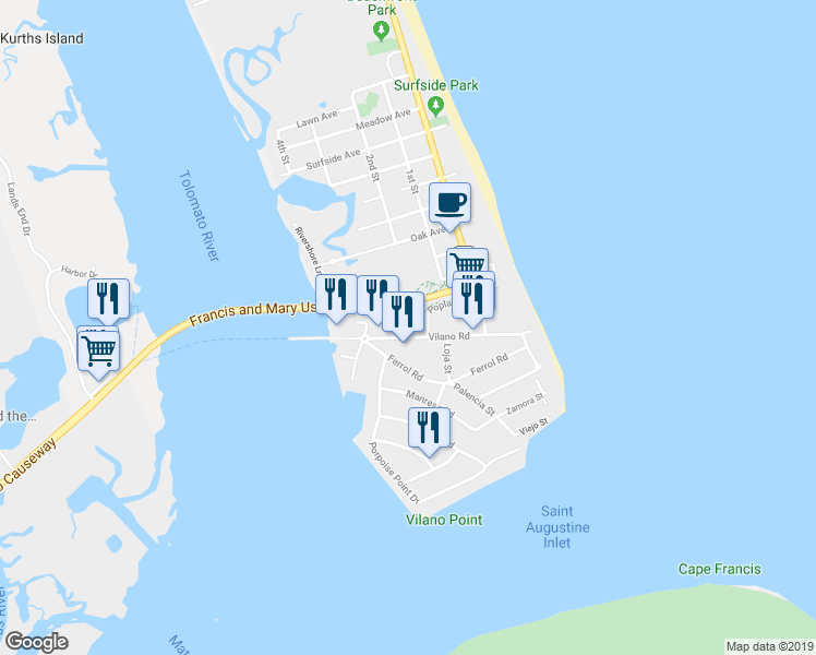 map of restaurants, bars, coffee shops, grocery stores, and more near 160 Vilano Road in Saint Augustine