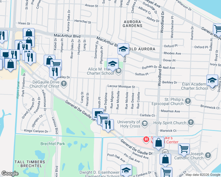 map of restaurants, bars, coffee shops, grocery stores, and more near 5140 Lacour Monique Street in New Orleans
