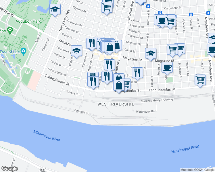 map of restaurants, bars, coffee shops, grocery stores, and more near 323 Octavia Street in New Orleans
