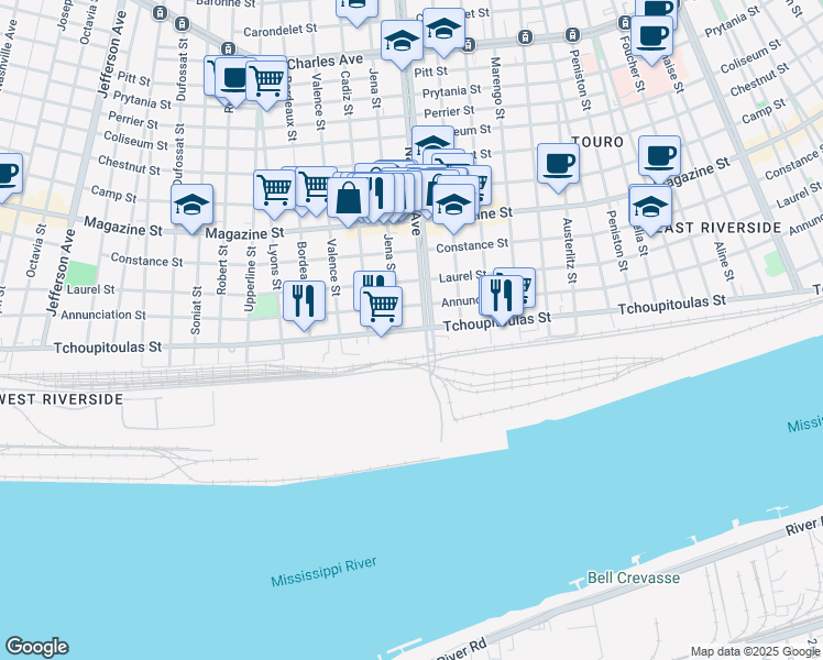 map of restaurants, bars, coffee shops, grocery stores, and more near Tchoupitoulas Street in New Orleans
