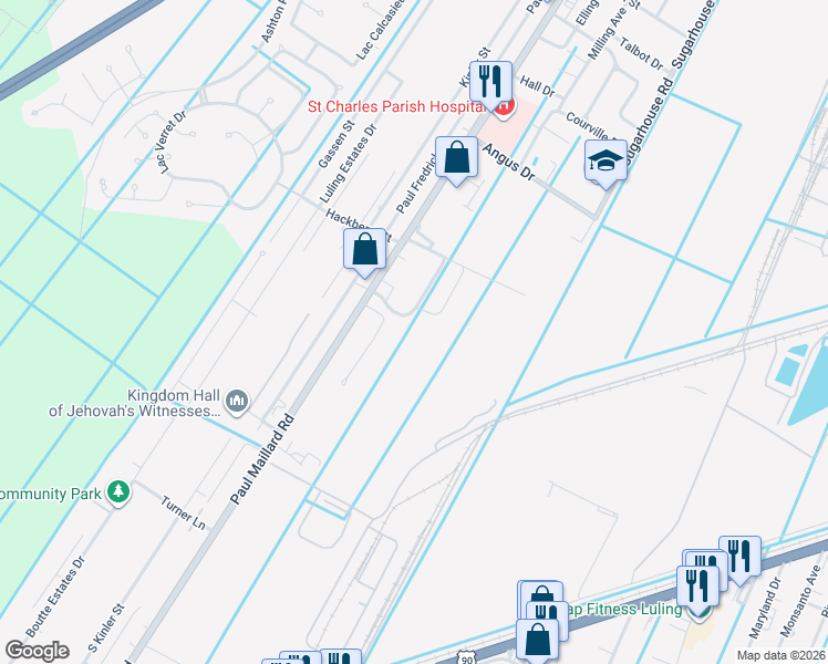 map of restaurants, bars, coffee shops, grocery stores, and more near 209 Lac Calcasieu Drive in Luling