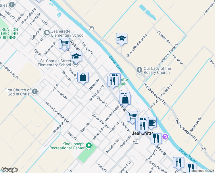 map of restaurants, bars, coffee shops, grocery stores, and more near 201-1221 Wormser Street in Jeanerette