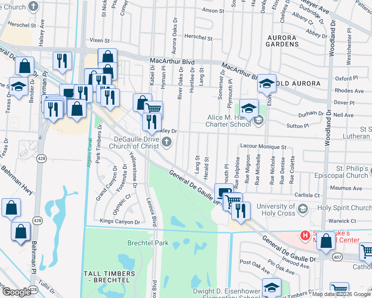 map of restaurants, bars, coffee shops, grocery stores, and more near 3534 Huntlee Drive in New Orleans