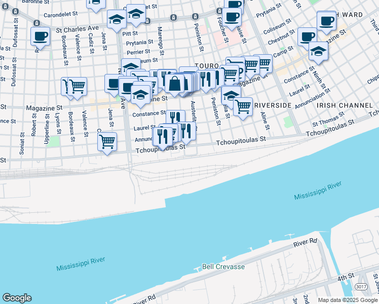 map of restaurants, bars, coffee shops, grocery stores, and more near 3970 Tchoupitoulas Street in New Orleans