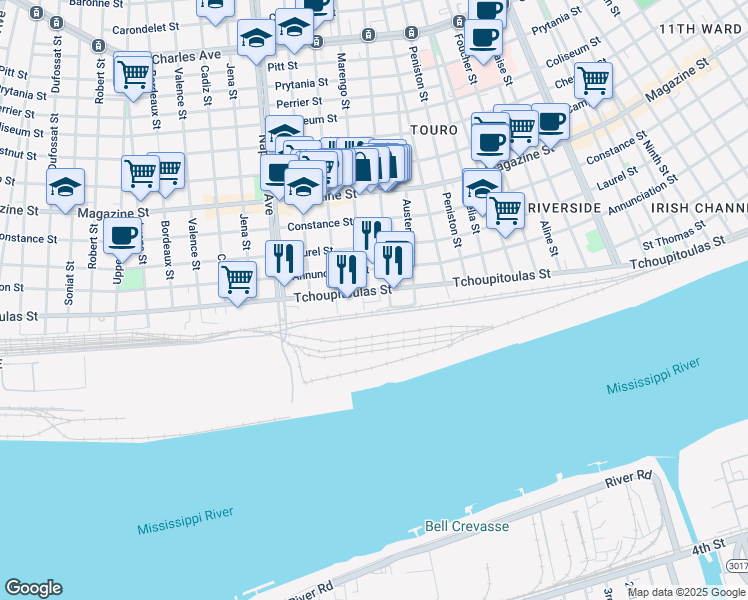 map of restaurants, bars, coffee shops, grocery stores, and more near 4037 Tchoupitoulas Street in New Orleans