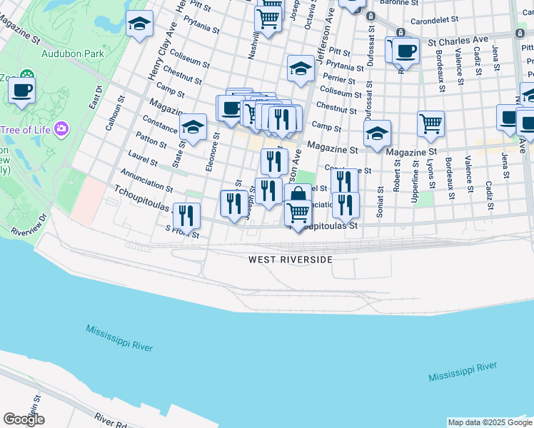 map of restaurants, bars, coffee shops, grocery stores, and more near 341 Octavia Street in New Orleans