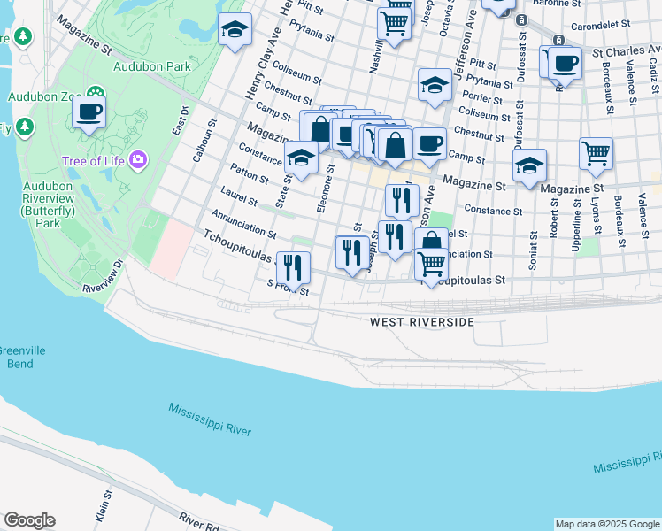 map of restaurants, bars, coffee shops, grocery stores, and more near 331 Nashville Avenue in New Orleans