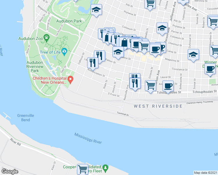 map of restaurants, bars, coffee shops, grocery stores, and more near 5973 Tchoupitoulas Street in New Orleans