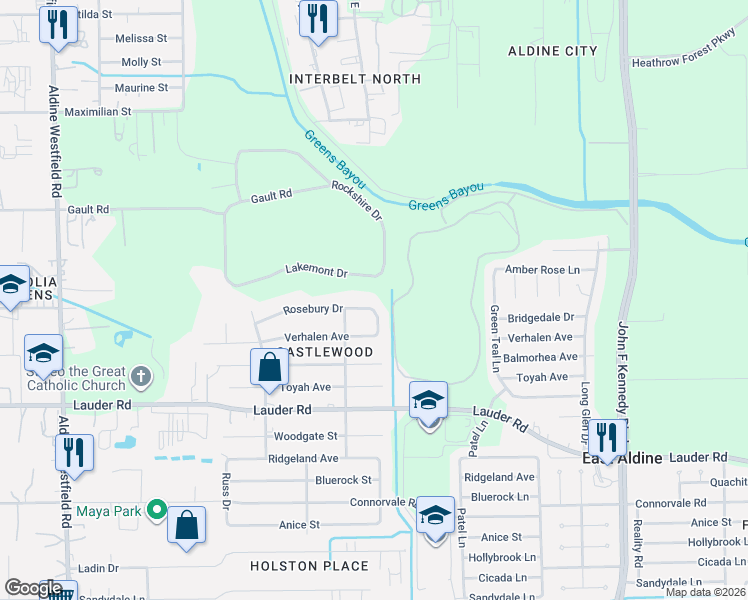 map of restaurants, bars, coffee shops, grocery stores, and more near 2827 Rosebury Drive in Houston