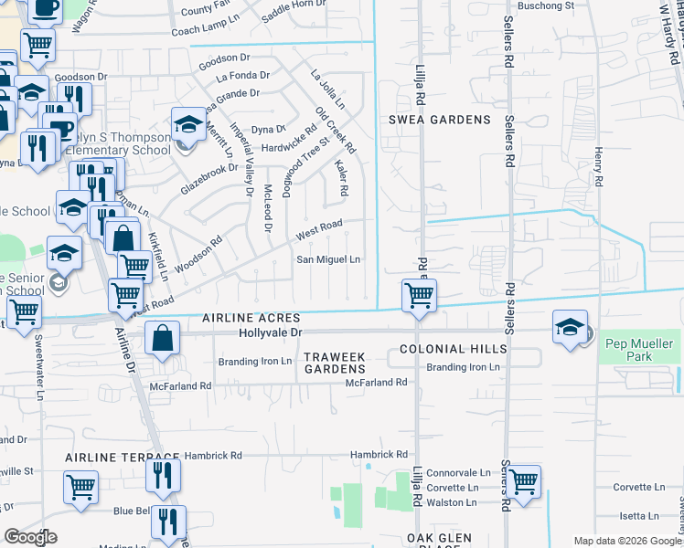 map of restaurants, bars, coffee shops, grocery stores, and more near 14842 Kaler Road in Houston
