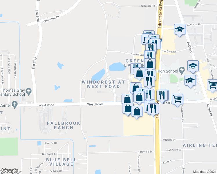 map of restaurants, bars, coffee shops, grocery stores, and more near 10475 Greens Crossing Boulevard in Houston