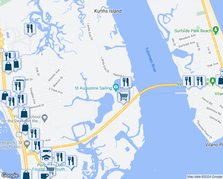 map of restaurants, bars, coffee shops, grocery stores, and more near 3218 Harbor Drive in St. Augustine