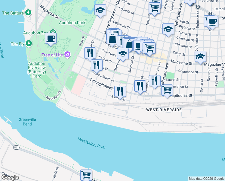 map of restaurants, bars, coffee shops, grocery stores, and more near 5973 Tchoupitoulas Street in New Orleans