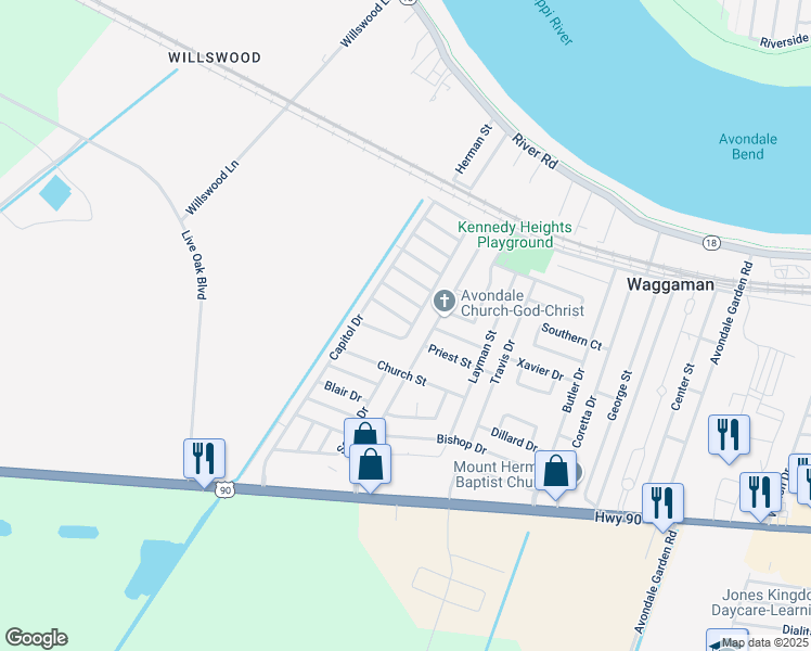 map of restaurants, bars, coffee shops, grocery stores, and more near 313 Georgetown Drive in Westwego