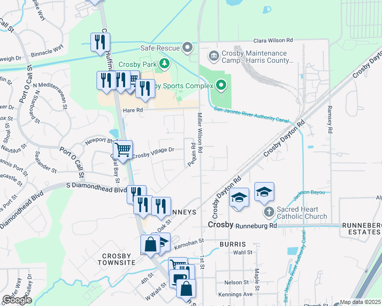 map of restaurants, bars, coffee shops, grocery stores, and more near 619 Pequin Road in Crosby