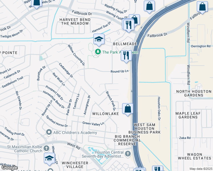 map of restaurants, bars, coffee shops, grocery stores, and more near 9606 Bending Willow Lane in Houston