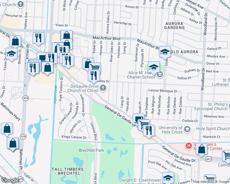 map of restaurants, bars, coffee shops, grocery stores, and more near 3534 Huntlee Drive in New Orleans