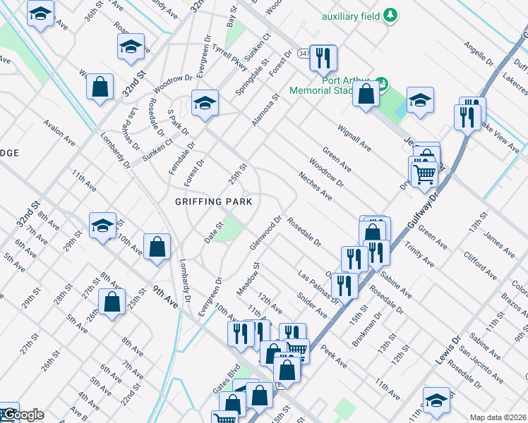 map of restaurants, bars, coffee shops, grocery stores, and more near 2434 Evergreen Drive in Port Arthur