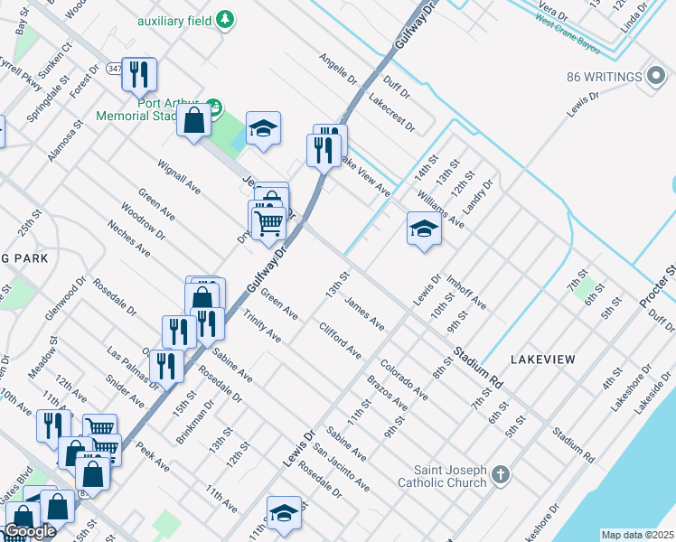 map of restaurants, bars, coffee shops, grocery stores, and more near 1403 Jefferson Drive in Port Arthur