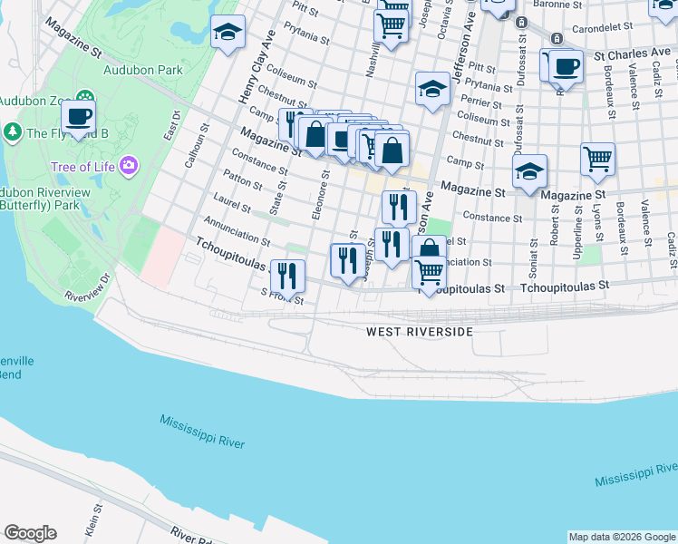 map of restaurants, bars, coffee shops, grocery stores, and more near 331 Nashville Avenue in New Orleans