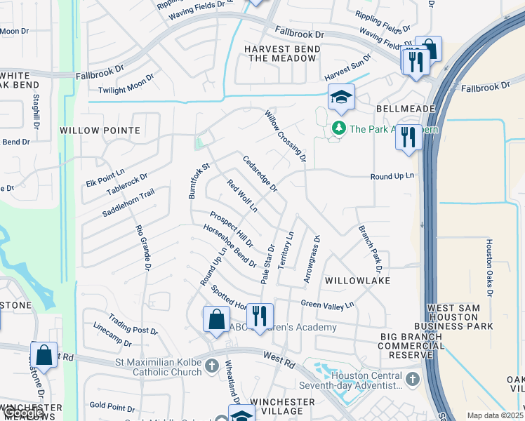 map of restaurants, bars, coffee shops, grocery stores, and more near 10038 Red Wolf Lane in Houston