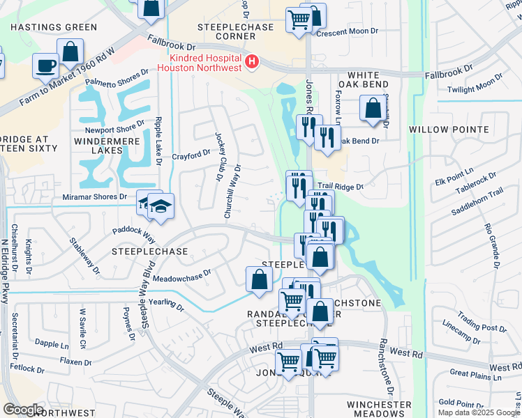 map of restaurants, bars, coffee shops, grocery stores, and more near 11202 Steeple Way Boulevard in Houston