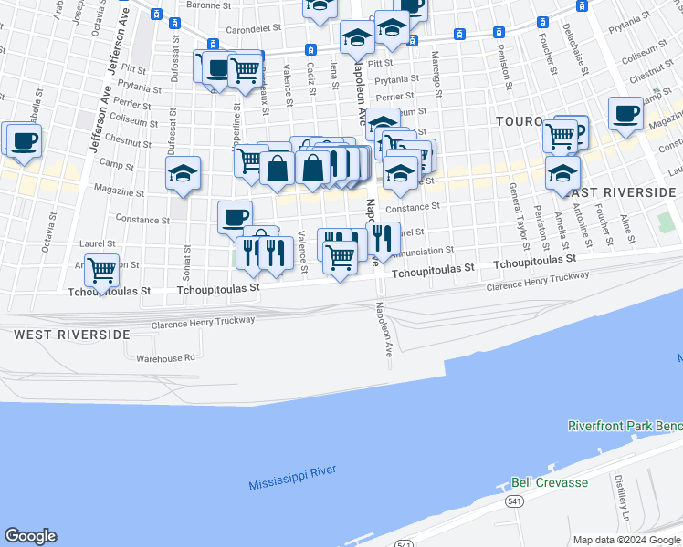 map of restaurants, bars, coffee shops, grocery stores, and more near 4517 Tchoupitoulas Street in New Orleans