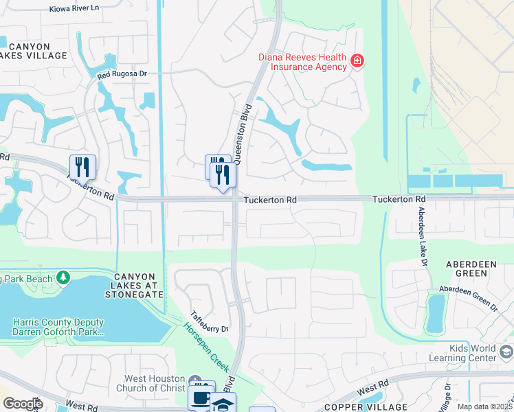 map of restaurants, bars, coffee shops, grocery stores, and more near 16826 Pine Castle Drive in Houston