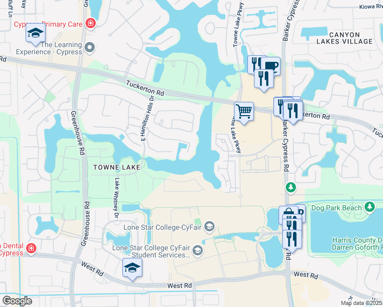 map of restaurants, bars, coffee shops, grocery stores, and more near 9710 Sabinal River Court in Cypress