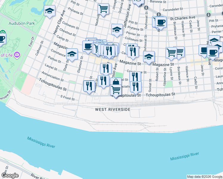map of restaurants, bars, coffee shops, grocery stores, and more near 5382 Annunciation Street in New Orleans