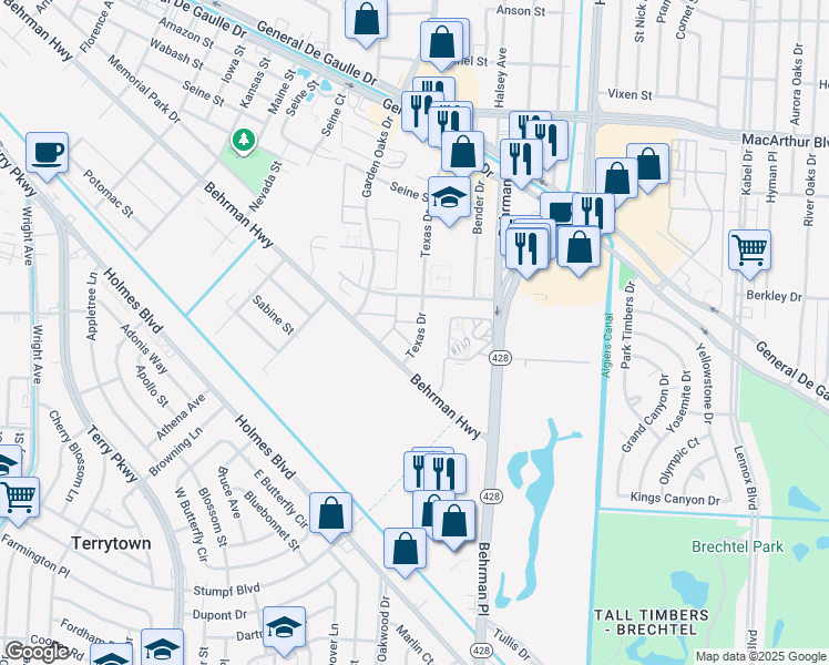 map of restaurants, bars, coffee shops, grocery stores, and more near 3815 Texas Drive in New Orleans
