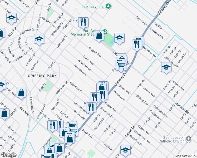 map of restaurants, bars, coffee shops, grocery stores, and more near 1923 Woodrow Dr in Port Arthur