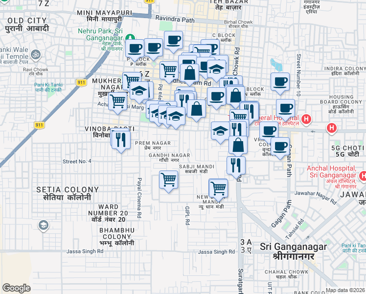 map of restaurants, bars, coffee shops, grocery stores, and more near Vihar Road in Sri Ganganagar