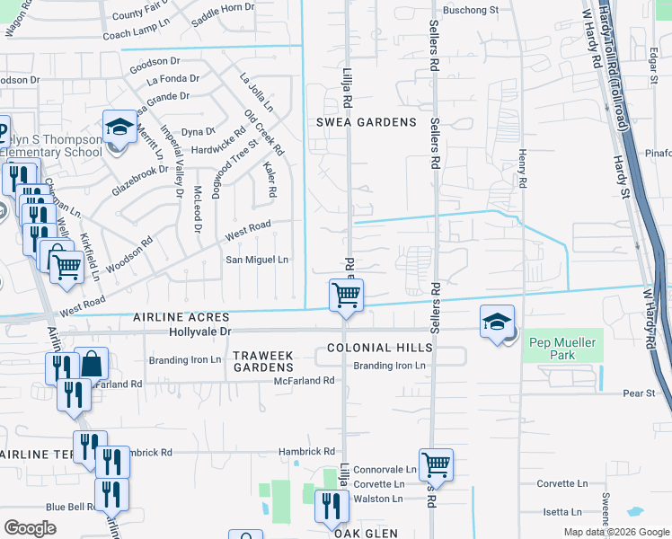 map of restaurants, bars, coffee shops, grocery stores, and more near 14915 Lillja Road in Houston
