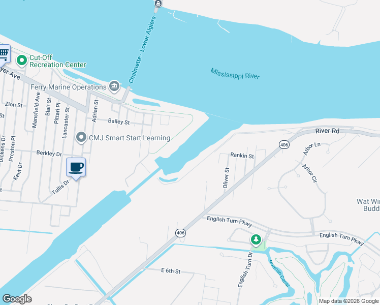 map of restaurants, bars, coffee shops, grocery stores, and more near River Road in New Orleans