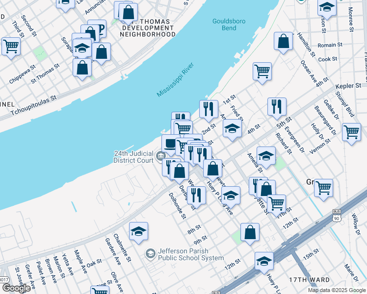map of restaurants, bars, coffee shops, grocery stores, and more near 131 Huey P Long Avenue in Gretna