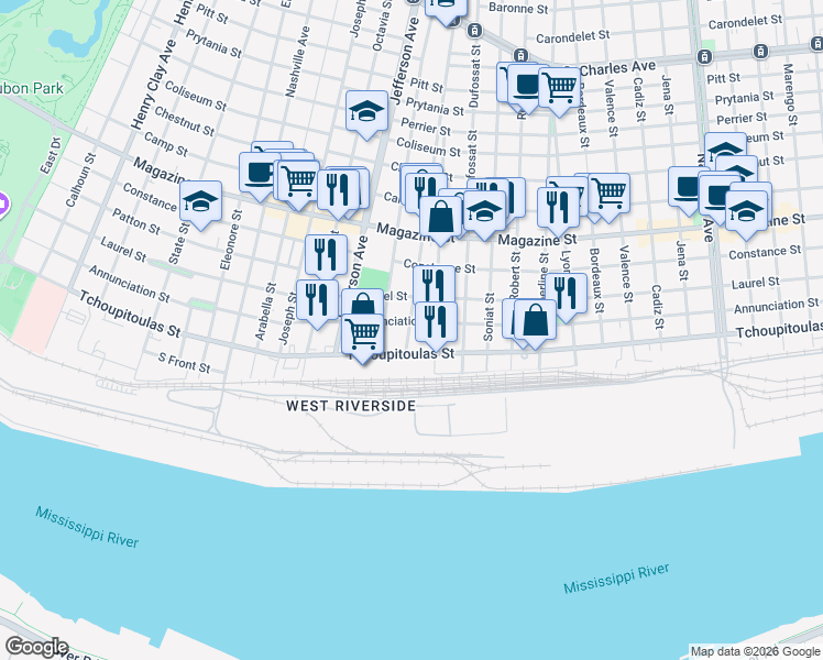 map of restaurants, bars, coffee shops, grocery stores, and more near 5244 Annunciation Street in New Orleans