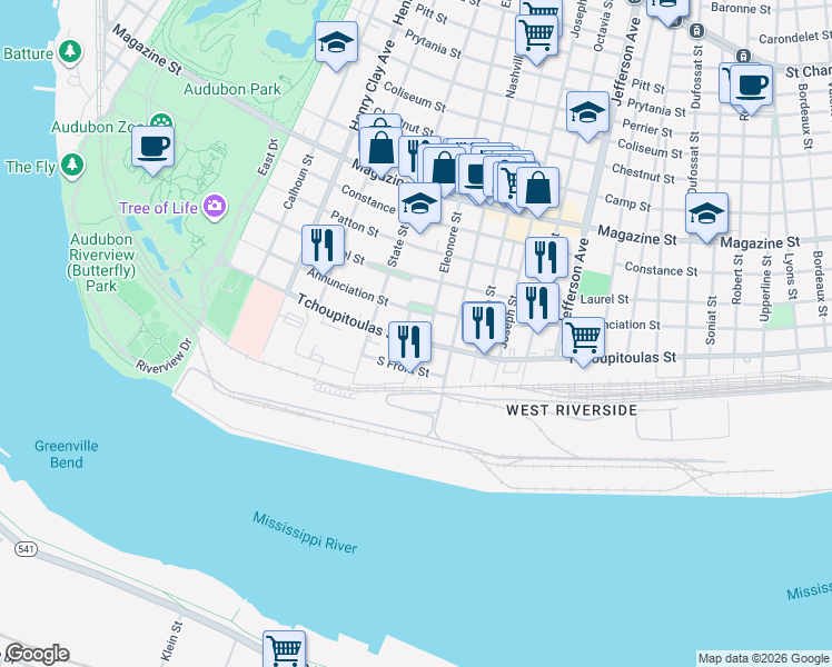 map of restaurants, bars, coffee shops, grocery stores, and more near 315 Alonzo Street in New Orleans