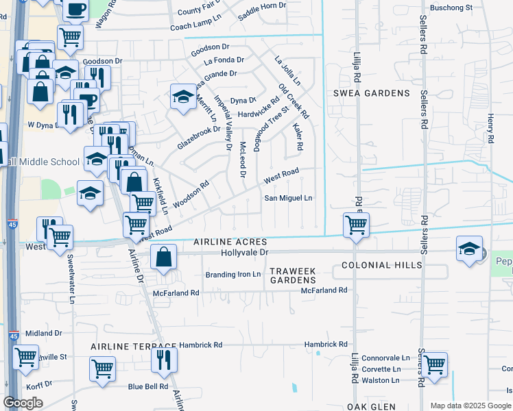 map of restaurants, bars, coffee shops, grocery stores, and more near 14843 Dogwood Tree Street in Houston